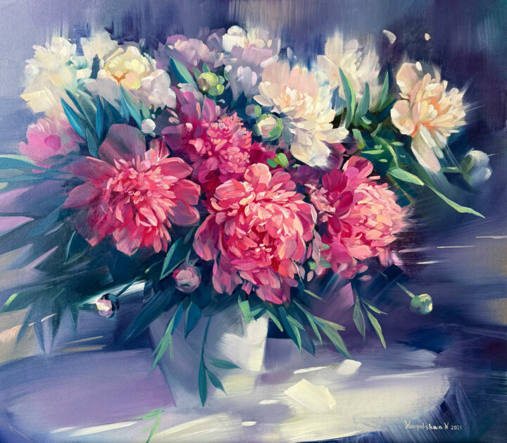 绘画 标题为“Peonies in a White…” 由Yampolskaia Natalia, 原创艺术品, 油 安装在木质担架架上