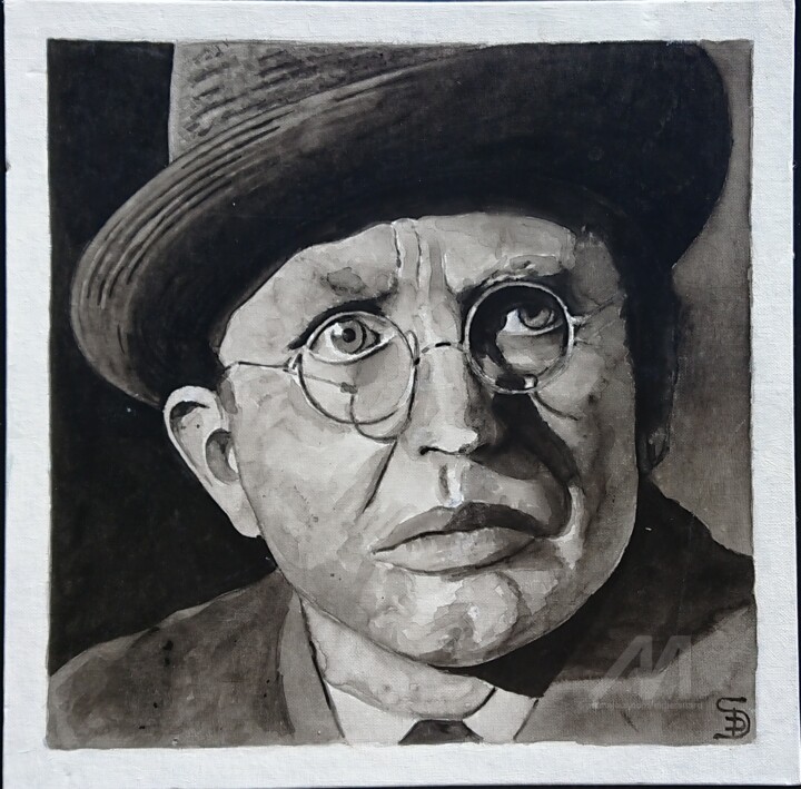 Monsieur Inquiet avec Lunettes et Chapeau. 绘画, 15.8x15.8 in