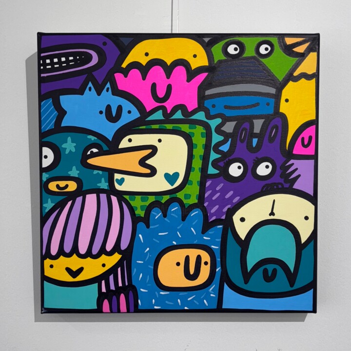Painting titled "Chicken in the midd…" by Kev Munday, Original Artwork, Acrylic Mounted on Wood Stretcher frame