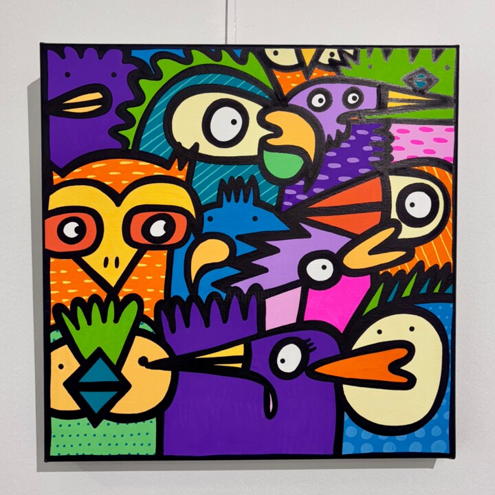 Painting titled "Squawk" by Kev Munday, Original Artwork, Acrylic Mounted on Wood Stretcher frame