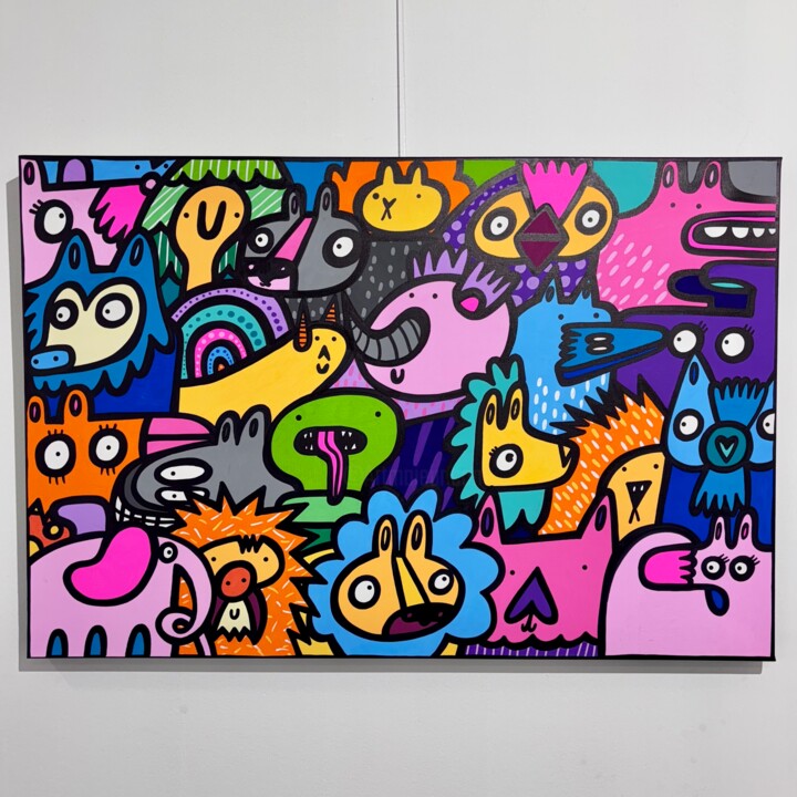 Painting titled "The herd" by Kev Munday, Original Artwork, Acrylic Mounted on Wood Stretcher frame