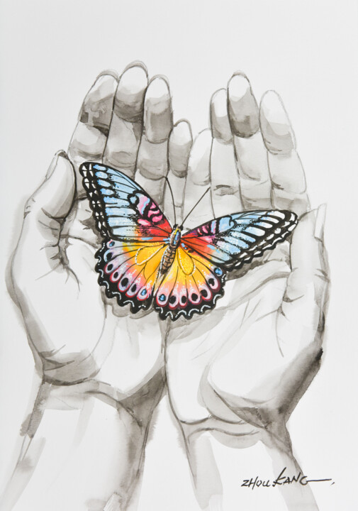 Butterfly on Hand 绘画, 15.8x11.8 in