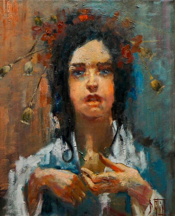 Painting titled "magic poppy" by Pavel Filin, Original Artwork, Oil Mounted on Wood Stretcher frame