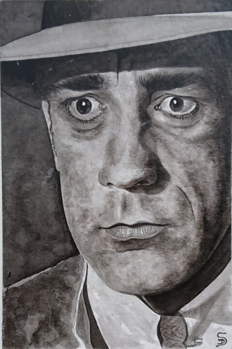Homme inquiet avec chapeau regardant devant lui 绘画, 15.8x11.4 in