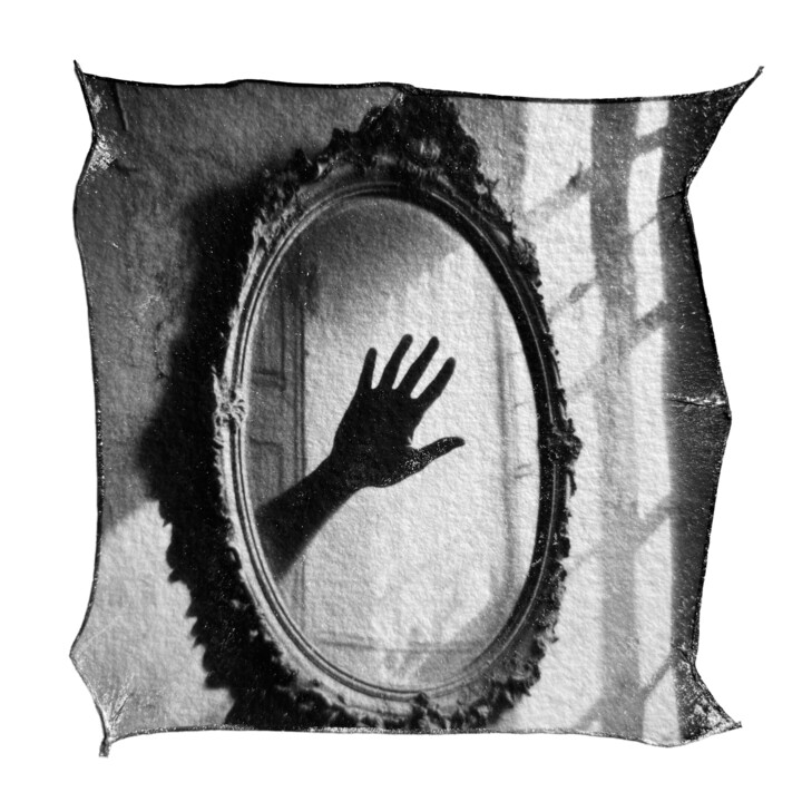 Black-and-white Polaroid AI-art of a hand in a mirror 数字艺术