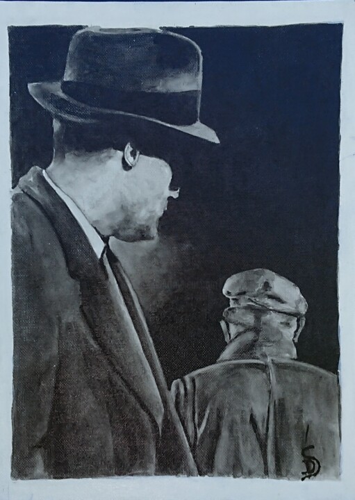 Homme regardant passer un autre homme. 绘画, 13x9.5 in