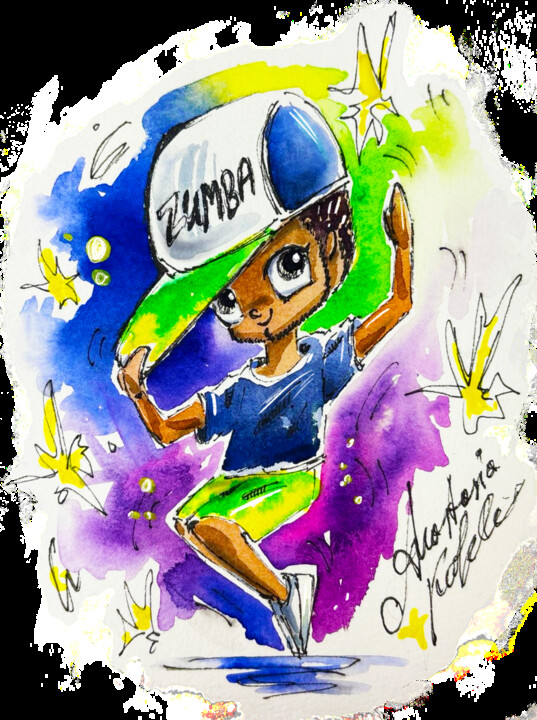 Zumba-Style Cartoon Man - Playful African American Character 绘画, 8.3x5.8 in