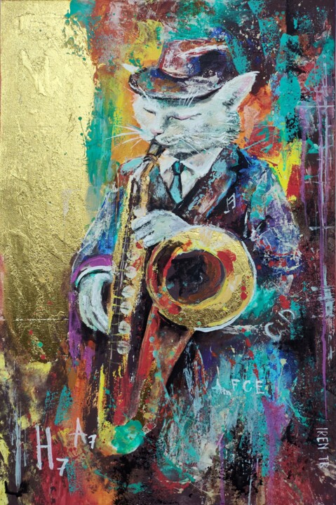 Painting titled "Jazz Cat with Saxop…" by Iren Troi, Original Artwork, Acrylic Mounted on Wood Stretcher frame