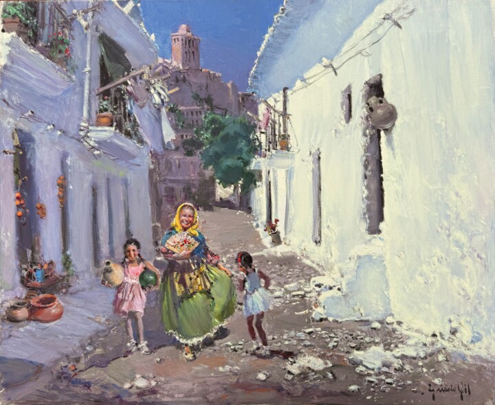 Calle de Ibiza con figuras España Tablo, 23,6x28,7 in