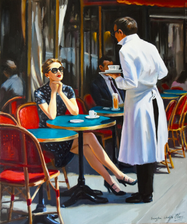 Painting titled "Your coffee, please!" by Serghei Ghetiu, Original Artwork, Oil Mounted on Wood Stretcher frame