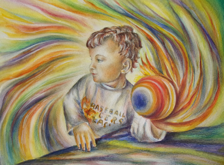 Kind mit dem Ball, der Regenbogen in der Hand 绘画, 8.3x11.7 in