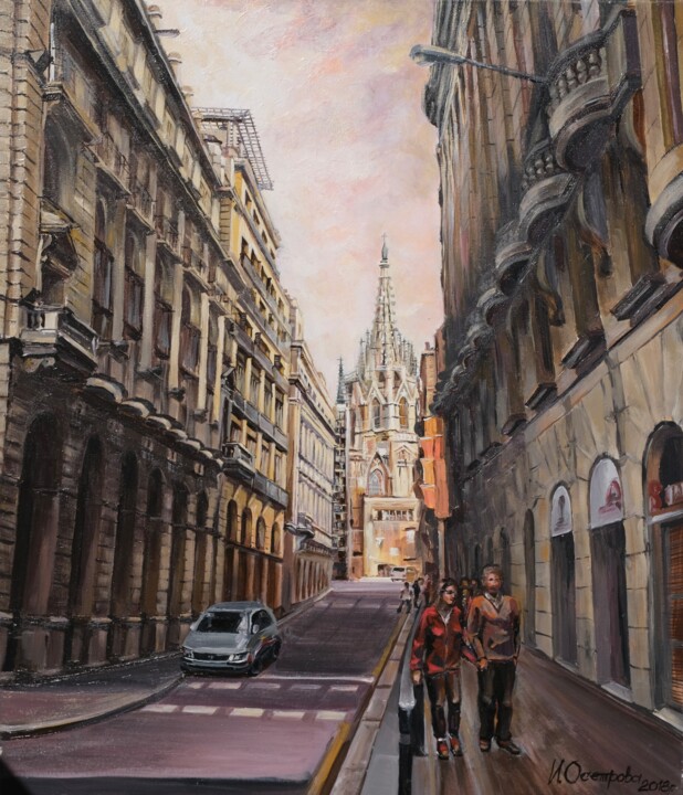 The walk in Barcelona original painting Tablo, 23,6x19,7 in