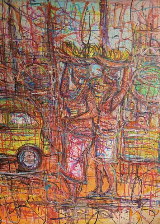 Painting titled "Les vendeuses de ba…" by Michel Bertrand Atou Onana (Atouloo), Original Artwork, Acrylic