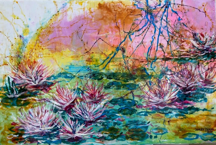 Malerei mit dem Titel "My Waterlilies II" von Lourdes Rivera -Lulu, Original-Kunstwerk, Acryl Auf Keilrahmen aus Holz montie…
