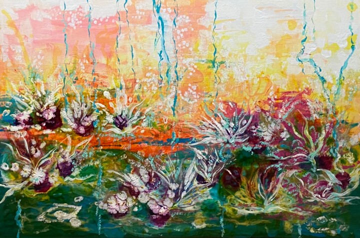 Malerei mit dem Titel ""My Waterlilies III"" von Lourdes Rivera -Lulu, Original-Kunstwerk, Acryl Auf Keilrahmen aus Holz mon…