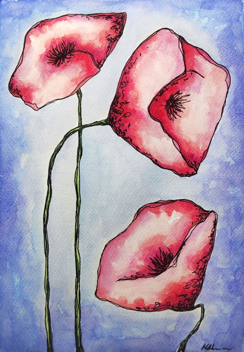 제목이 "Red Poppies on Blue"인 미술작품 Alena Masyutina로, 원작, 수채화