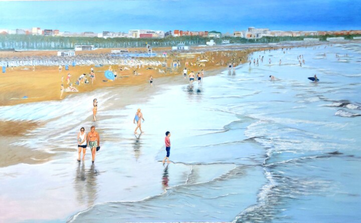Painting titled "PLAYA NUBLADA DESDE…" by Joaquin Pardo Méndez, Original Artwork, Oil Mounted on Wood Stretcher frame