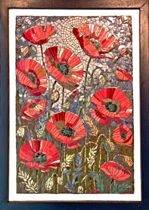 Sculpture titled "Ay Işığında Gelinci…" by Hasan Bayramoğlu, Original Artwork, Mosaic Mounted on Wood Panel