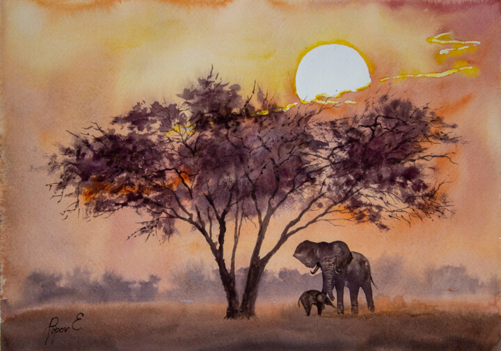 Painting titled "Elephants under the…" by Eugene Popov, Original Artwork, Watercolor