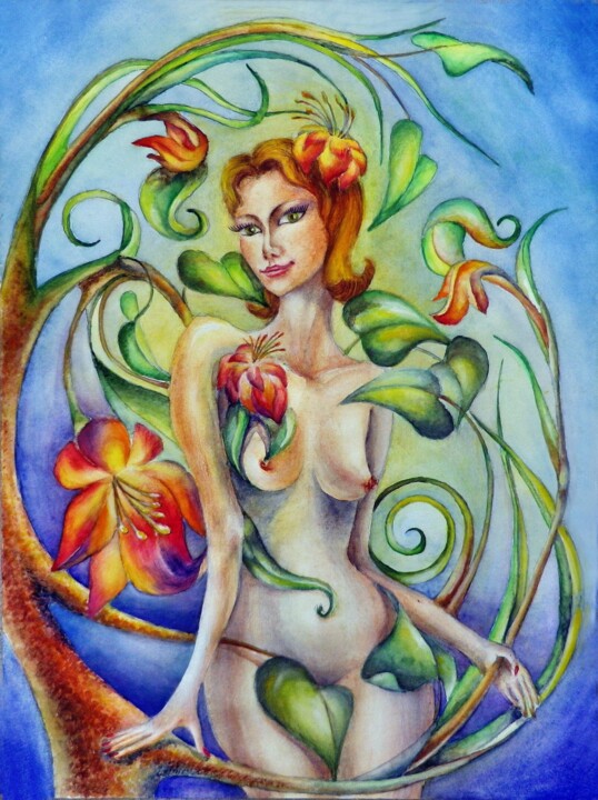 „Frühling, die Frau in blühenden Farbtönen“ 绘画, 15.8x11.8 in