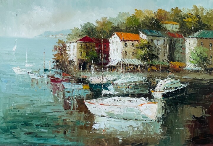 Painting titled "Blue lake" by Diana Mazjane, Original Artwork, Oil