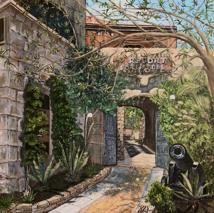 Painting titled "Resort Forte Rose,…" by Natalia Glazunova, Original Artwork, Acrylic Mounted on Wood Stretcher frame