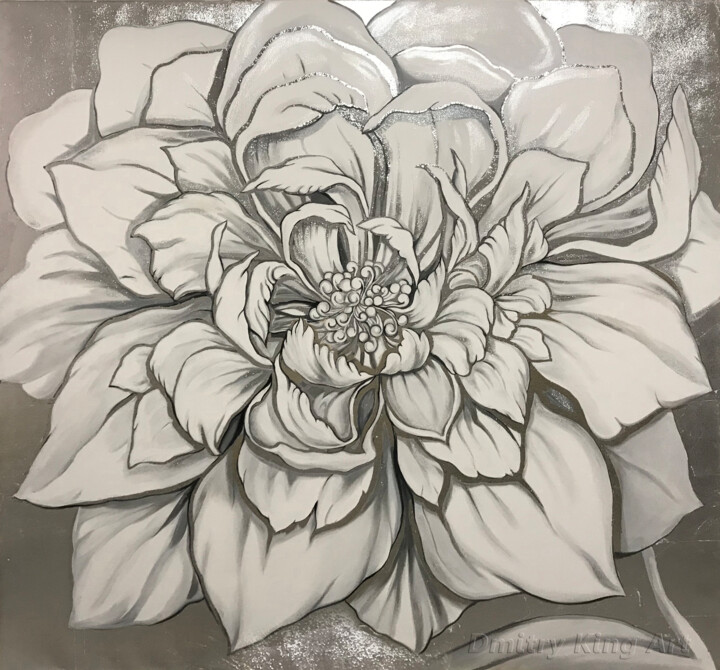 Silver White Flower 绘画, 45.3x45.3 in