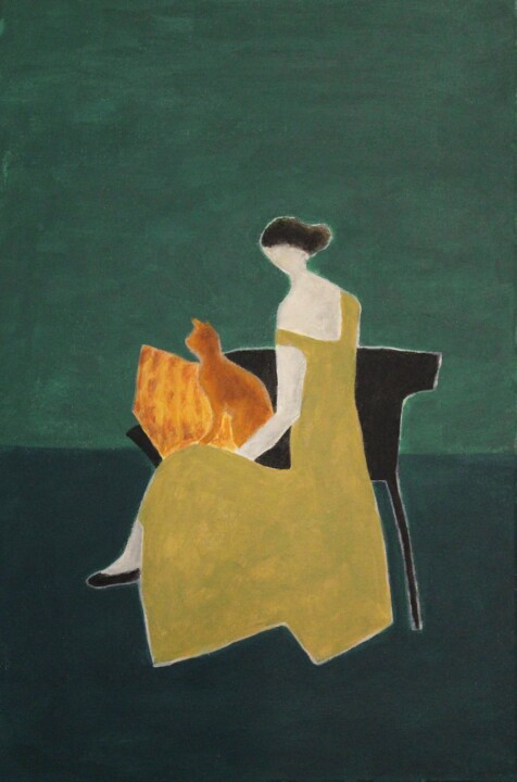 Painting titled "Woman with orange at" by Naoko Paluszak, Original Artwork, Acrylic Mounted on Wood Stretcher frame