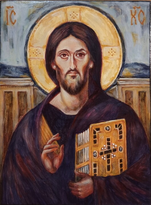 Painting titled "Christ Pantocrator" by Artmoods Tp, Original Artwork, Tempera Mounted on Wood Panel