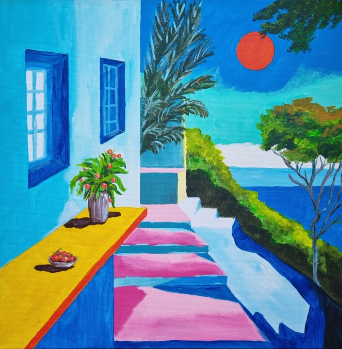 Painting titled "Orange morning" by Iuliia Batsyna, Original Artwork, Acrylic Mounted on Wood Stretcher frame