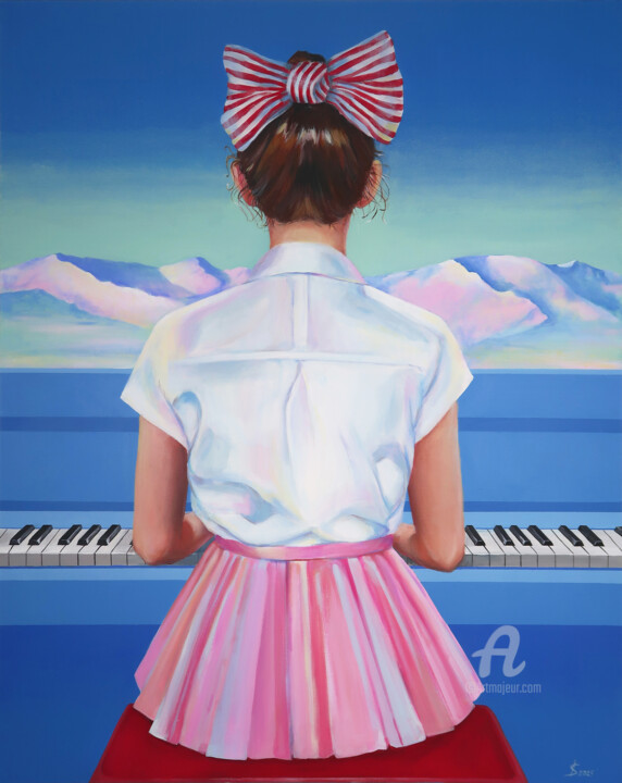Silence. A girl and a piano. Tablo, 39,4x31,5 in