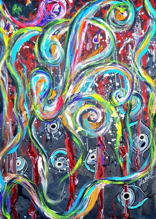 surreal eyes lines-yellow, pink, turquoise and red on gray 绘画, 27.6x19.7 in