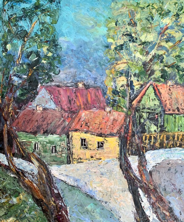 Painting titled "Village Landscape O…" by Vilma Gataveckiene, Original Artwork, Oil