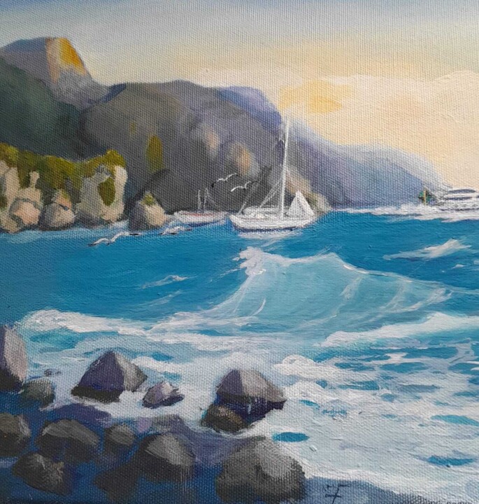 Painting titled "Yachts in the bay." by Fa Ley, Original Artwork, Acrylic