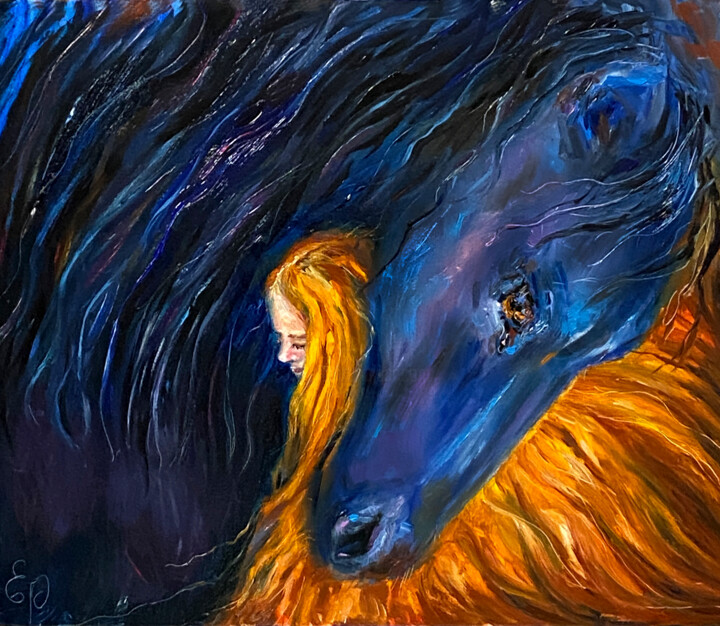 Black horse and girl. I called this painting "Ice and Fire". 绘画, 9.8x11.8 in