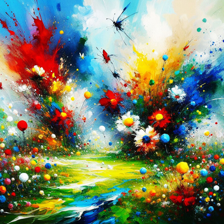 Farbenfrohe Natur – Die Dynamik von Blumen und Schmetterling 绘画, 39.4x39.4 in