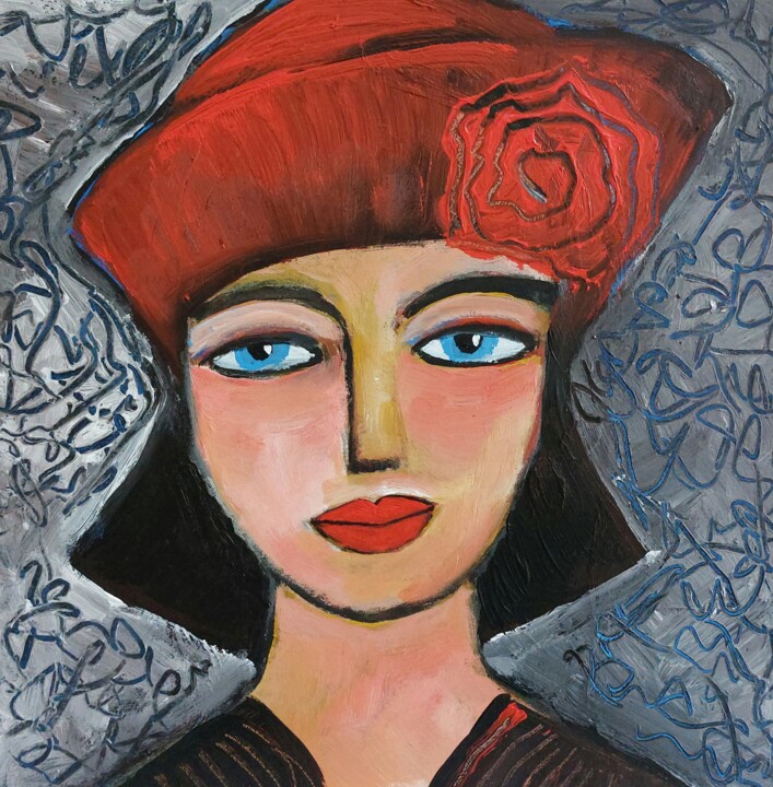 绘画 标题为“Girl with Red Hat” 由Nelly Van Nieuwenhuijzen, 原创艺术品, 丙烯 安装在木板上
