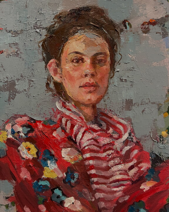 Painting titled "In red" by Lorena Iavorschi, Original Artwork, Oil Mounted on Wood Stretcher frame