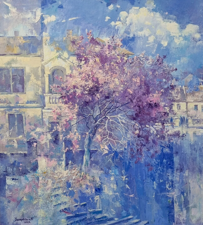 绘画 标题为“Spring in lilac dre…” 由Yampolskaia Natalia, 原创艺术品, 油 安装在木质担架架上