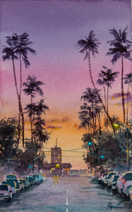 Painting titled "Tall palm trees lin…" by Eugene Popov, Original Artwork, Watercolor