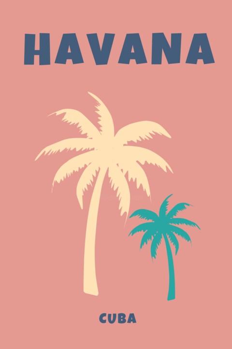 Arts numériques intitulée "Havana Palm Paradise" par Chun Yu Guan, Œuvre d'art originale, Image générée par l'IA Monté sur C…