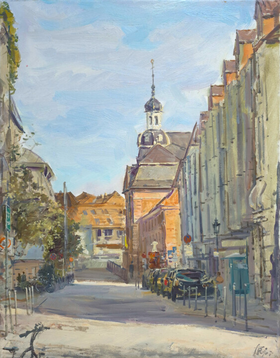 Sunlight on a Quiet European Street. Urban Architecture City Painting, 17.7x13.9 in