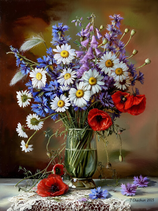 Painting titled "Bright painting wit…" by Tatjana Cechun, Original Artwork, Oil Mounted on Wood Stretcher frame