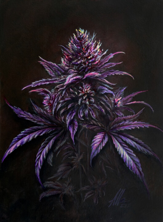 Purple Indica Flower – Symbolist Botanical Painting 绘画, 15.4x11.4 in
