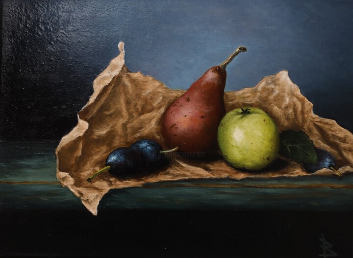 Painting titled "Red pear" by Oleg Baulin, Original Artwork, Oil Mounted on Wood Stretcher frame