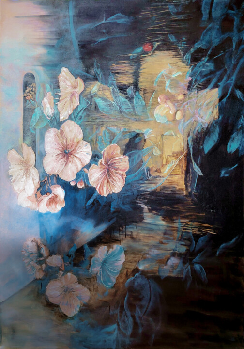 Painting titled "The Invisible Dawn" by Nicoleta Nica, Original Artwork, Oil Mounted on Wood Stretcher frame