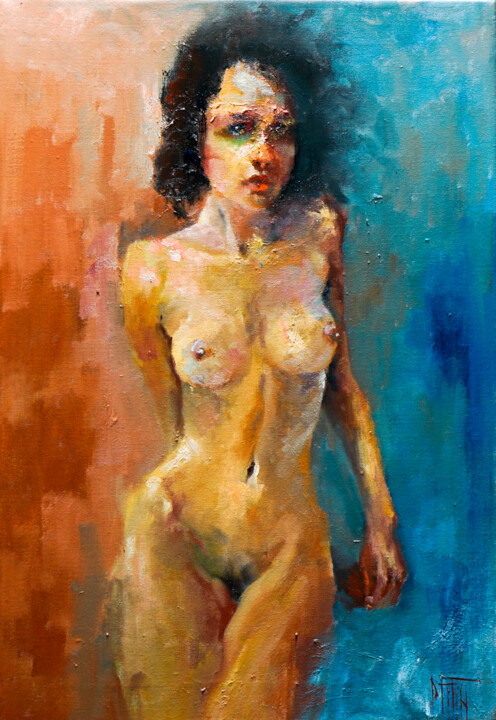 Painting titled "akt67" by Pavel Filin, Original Artwork, Oil Mounted on Wood Stretcher frame