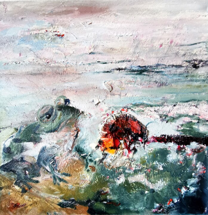 Frog and Ladybug in Spring Light – Oil on Canvas 30x30