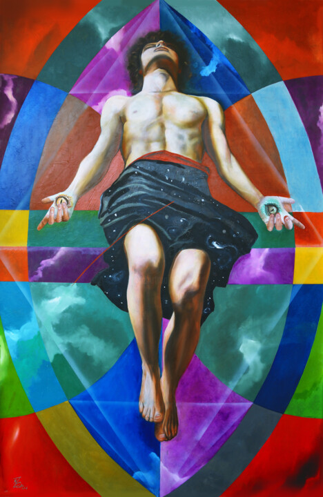 Painting titled "EL SER FRACTAL" by Marco Zamudio, Original Artwork, Oil Mounted on Wood Panel