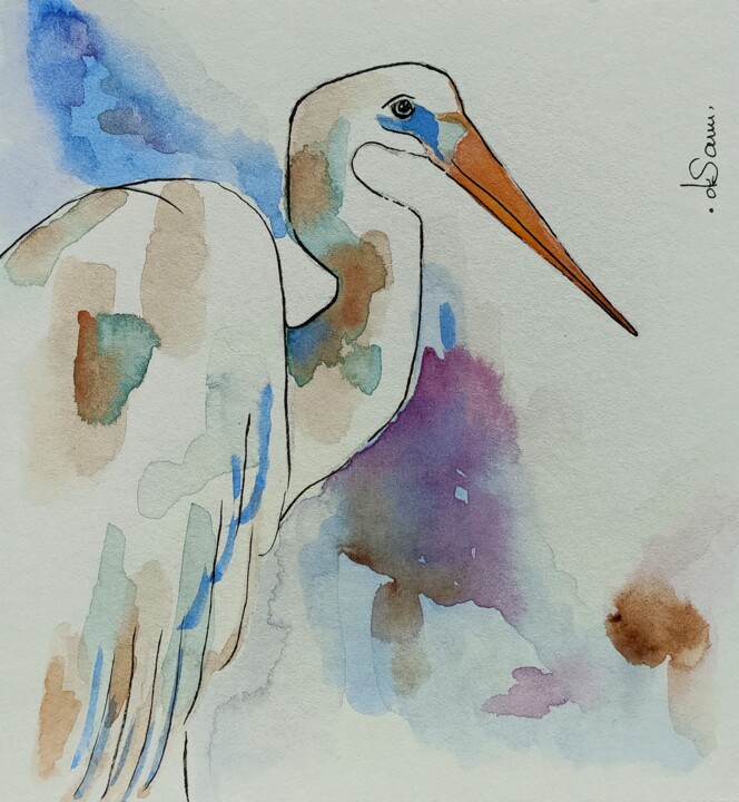 Heron. Poised in Silence 绘画, 4.8x4.5 in